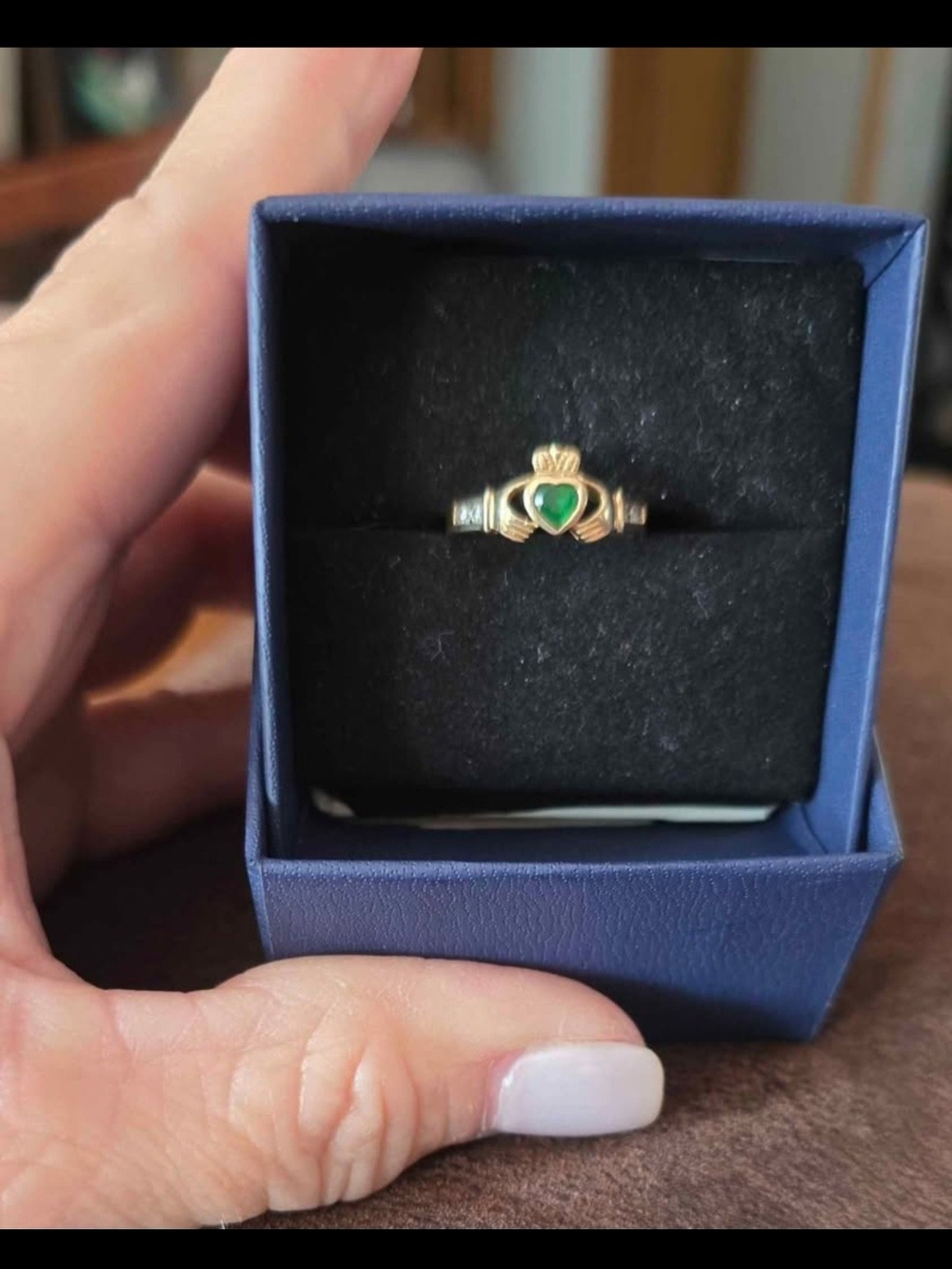 Gold Claddagh Ring with Green Emerald  Heart Gemstone